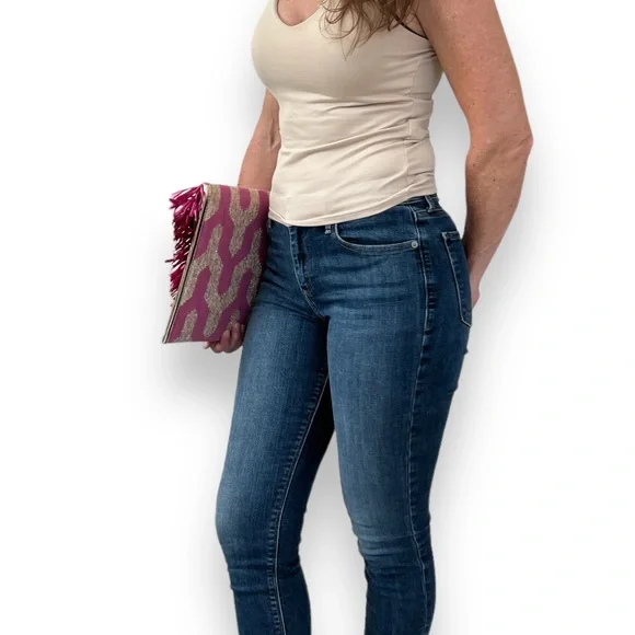 WKND WYFR Pink and Neutral Raffia Envelope Clutch with Gold Metallic Accents